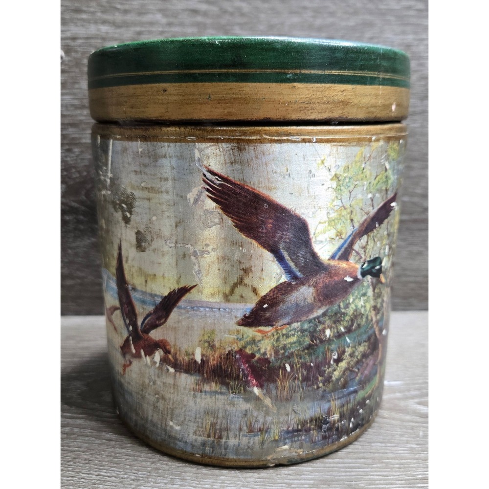 Vintage Lithographed Ceramic Lidded Canister Mallard Ducks Wildlife Art Decor